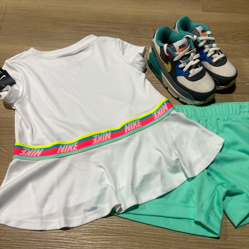Nike Kids' White Top and Teal Shorts Set with Sneakers